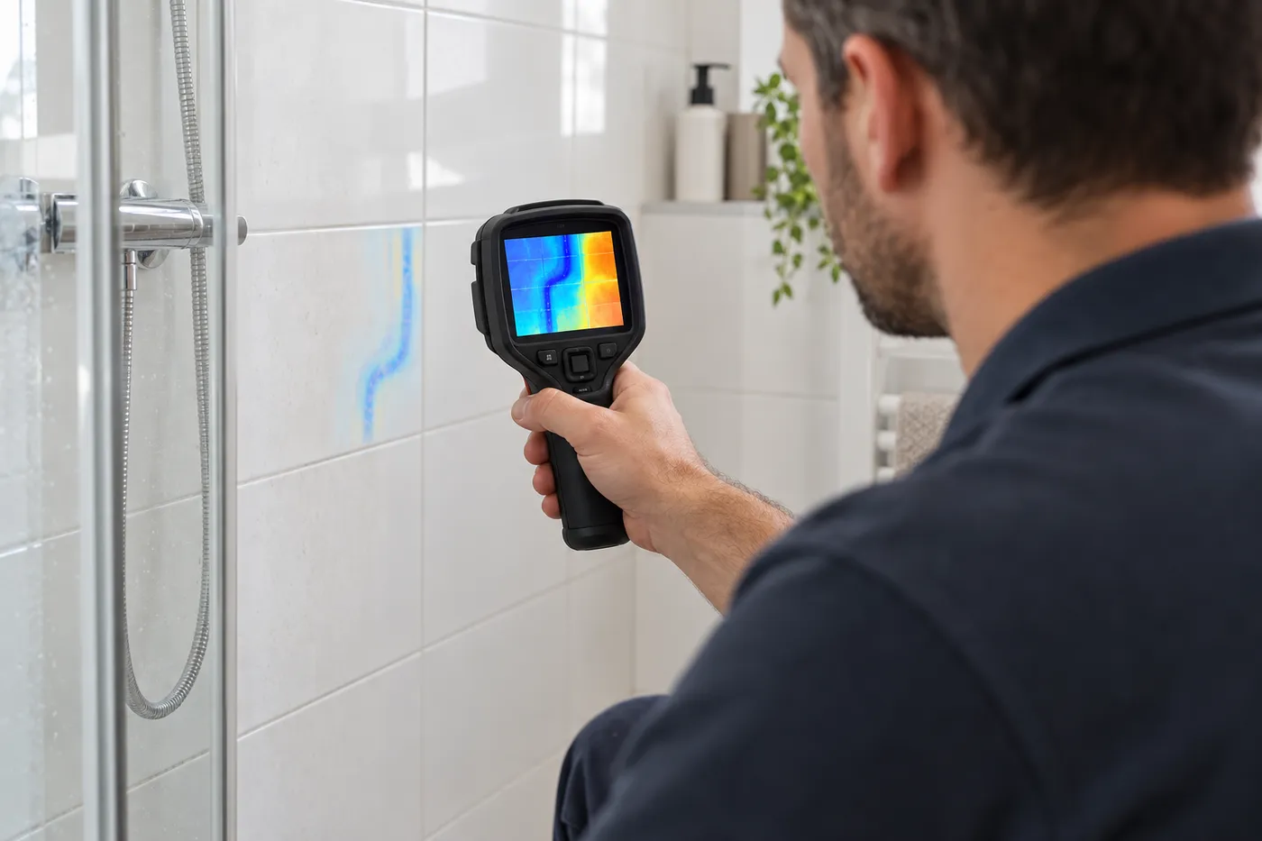 Caméra thermique révélant le tracé d'une canalisation encastrée dans une salle de bains
